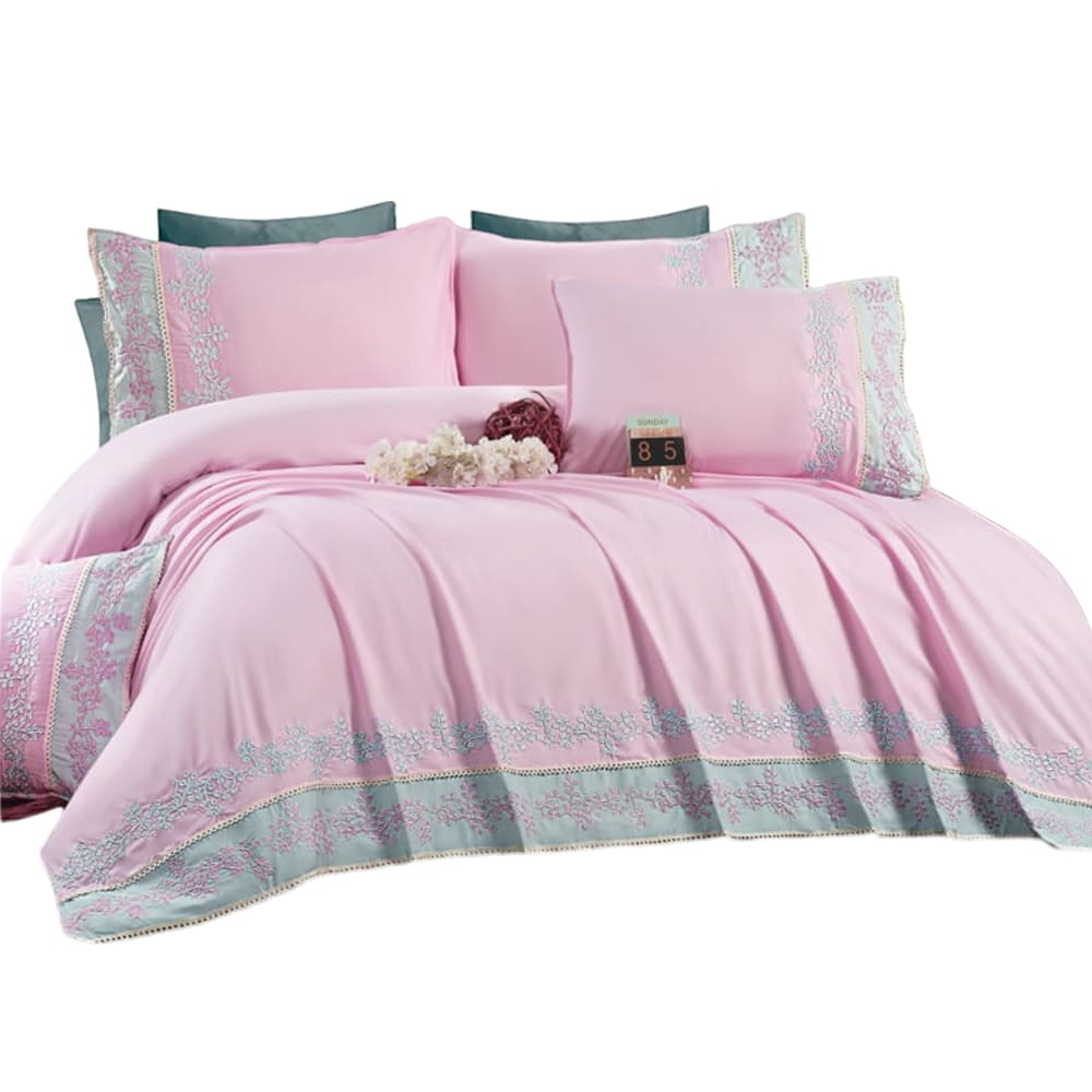 Set Sheet Bed 4 Pieces Pink Embroidered