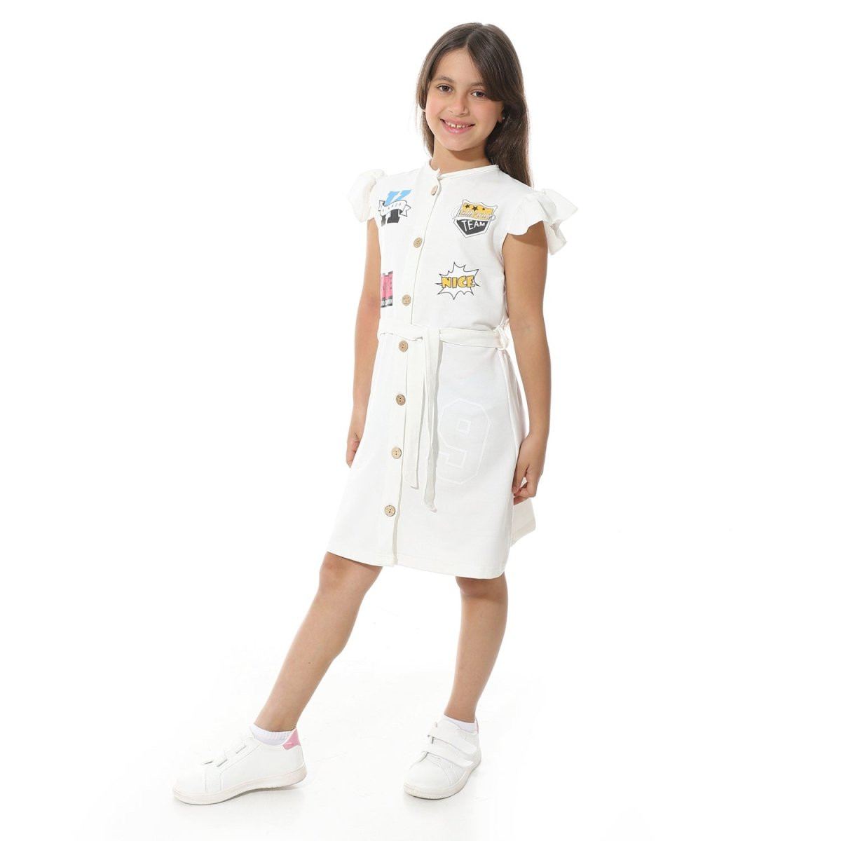 Dress Girls' Printed From Front Elegant Buttons Belt From Middle