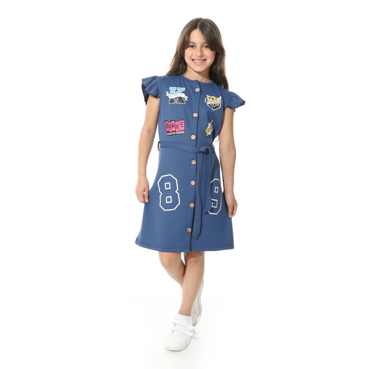 Dress Girls' Printed From Front Elegant Buttons Belt From Middle