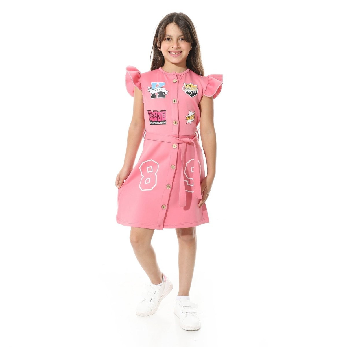 Dress Girls' Printed From Front Elegant Buttons Belt From Middle