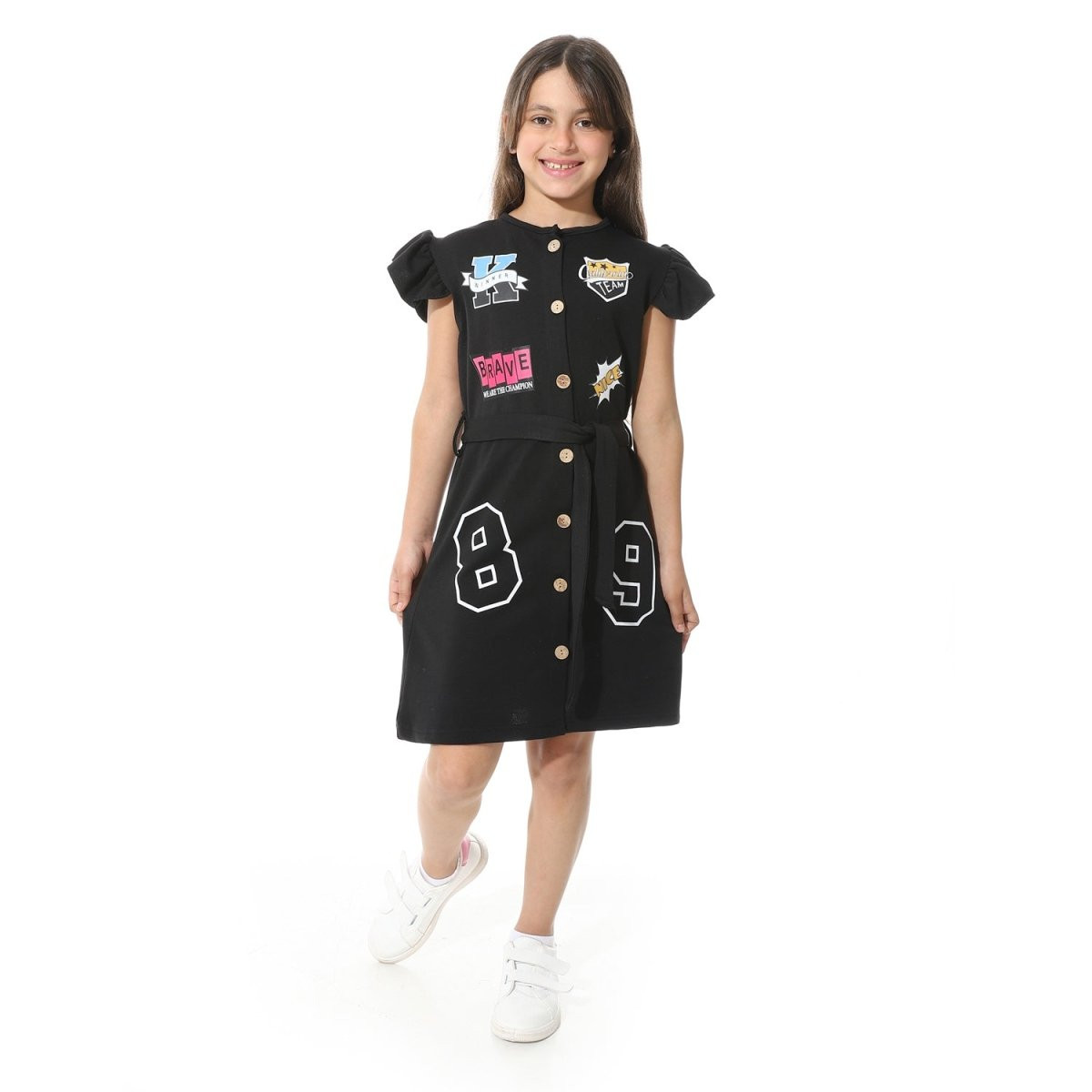 Dress Girls' Printed From Front Elegant Buttons Belt From Middle