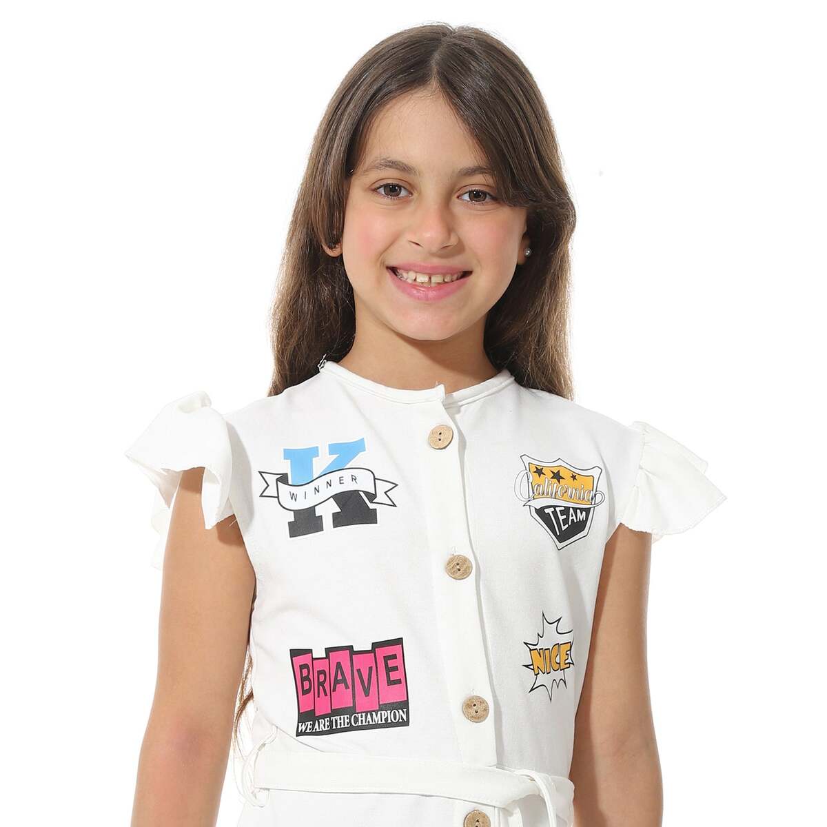 Dress Girls' Printed From Front Elegant Buttons Belt From Middle