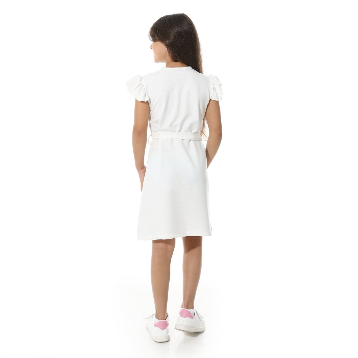 Dress Girls' Printed From Front Elegant Buttons Belt From Middle