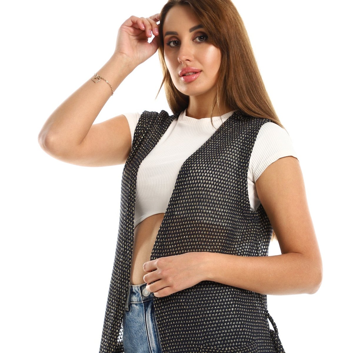 كارديجان نسائي طويل بدون أكمام بتصميم مثقوب