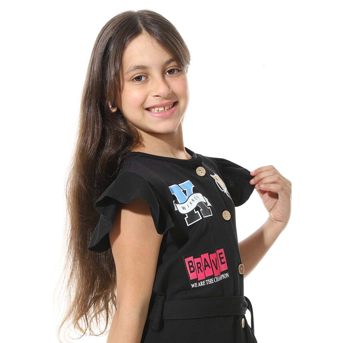 Dress Girls' Printed From Front Elegant Buttons Belt From Middle