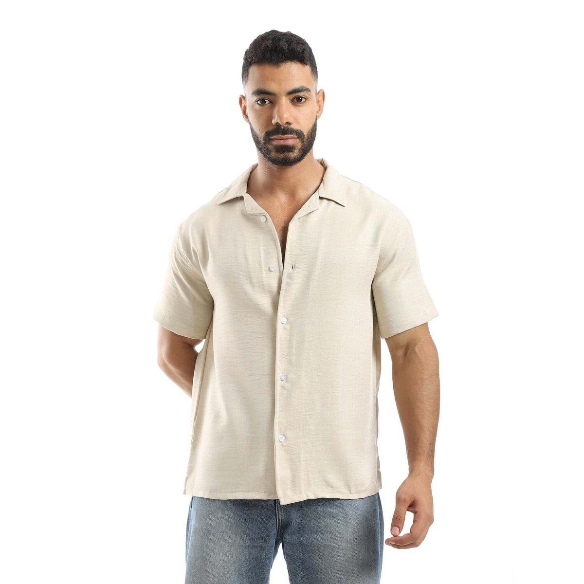 Shirt Men's Plain With Sleeves Short And Collar Folded
