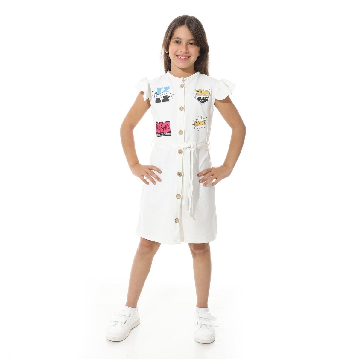 Dress Girls' Printed From Front Elegant Buttons Belt From Middle