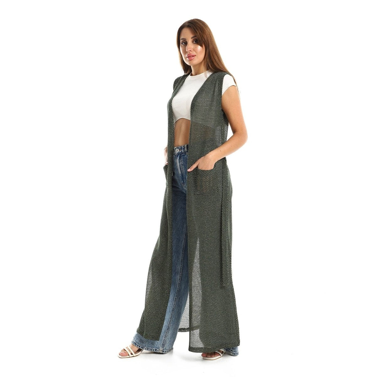 كارديجان نسائي طويل بدون أكمام بتصميم مثقوب