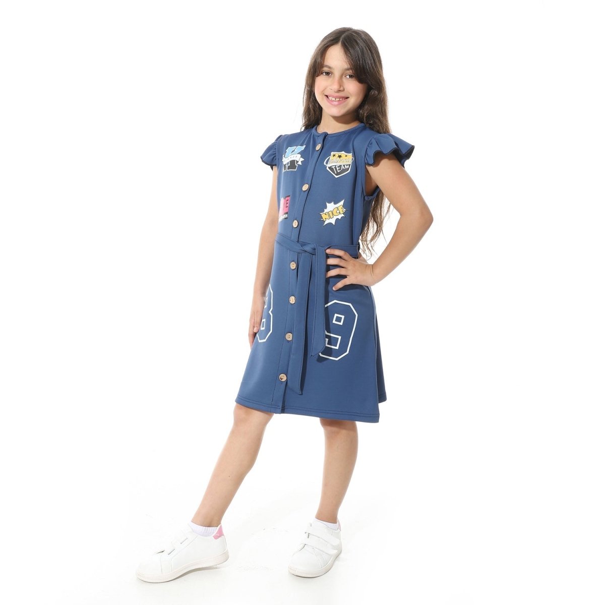 Dress Girls' Printed From Front Elegant Buttons Belt From Middle