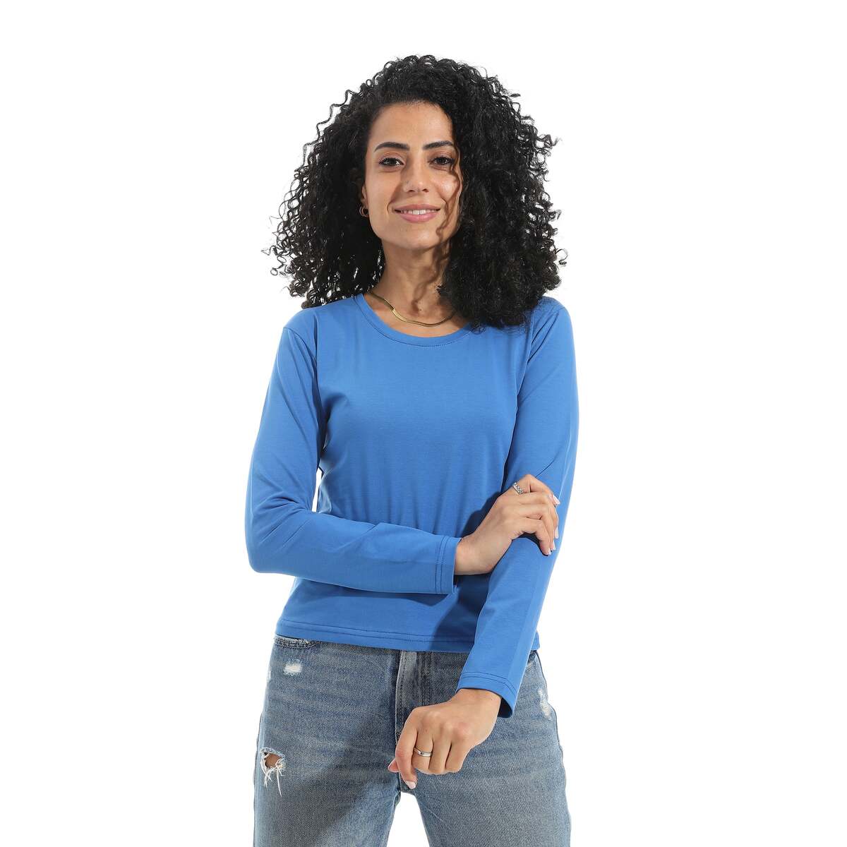 بلوزة نسائية ليكرا بأكمام طويلة ورقبة واسعة
