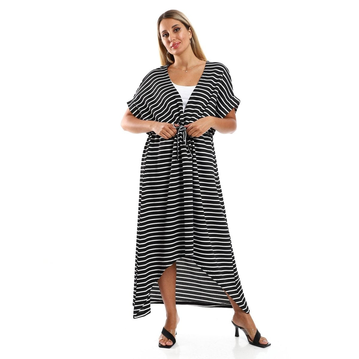 Dress Women's Striped With Sleeves Short With Belt
