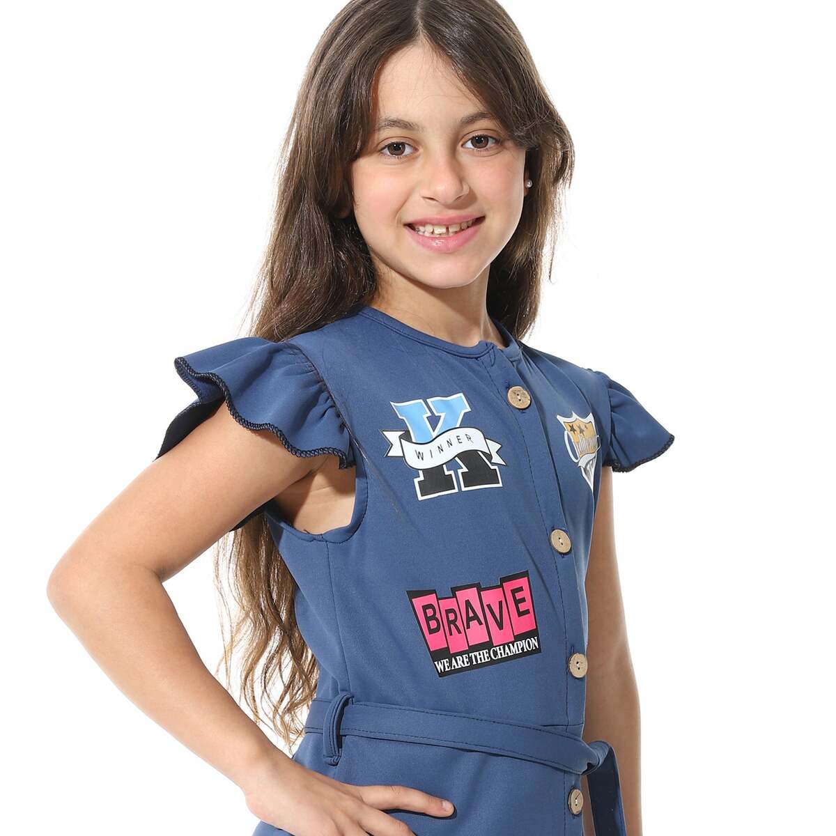 Dress Girls' Printed From Front Elegant Buttons Belt From Middle