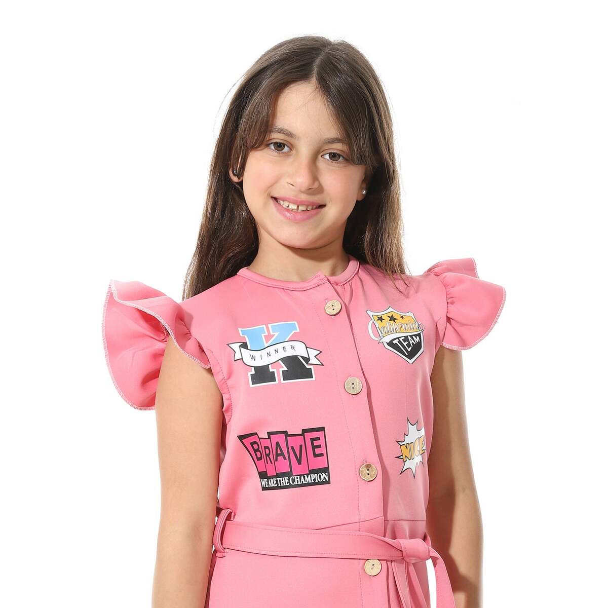 Dress Girls' Printed From Front Elegant Buttons Belt From Middle